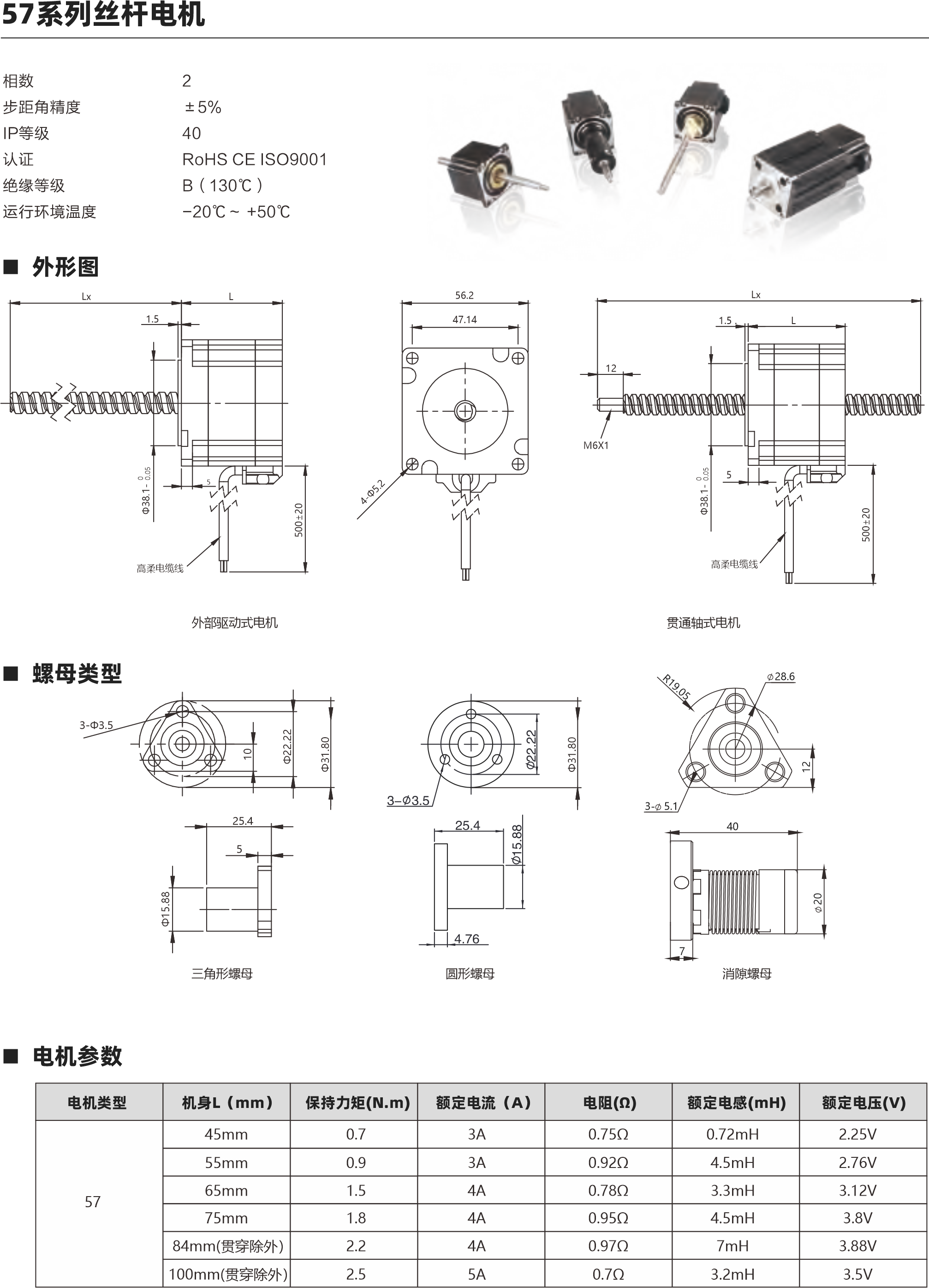 57系列絲桿電機 57系列絲桿電機 動態(tài)推力曲線圖 外形圖  相數(shù) 步距角精度 IP等級  認證 絕緣等級 運行環(huán)境溫度 2 ±5％ 40 RoHS CE ISO9001 B（130℃） -20℃～ +50℃ 螺母類型 電機參數(shù) 57 45mm 0.7 3A 0.75Ω 0.72mH 2.25V 3A 0.92Ω 4.5mH 2.76V 4A 0.78Ω 3.3mH 3.12V 電機類型 機身L（mm） 保持力矩(N.m) 額定電流（A） 電阻(Ω) 額定電感(mH) 額定電壓(V) 絲桿參數(shù) 0.375 0.635 0.025 0.003175 9.525 0.02-0.03mm 0.375 1.27 0.05 0.00635 9.525 0.02-0.03mm 0.375 1.5875 0.0625 0.0079375 9.525 0.02-0.03mm 0.375 2.1167 0.083 0.0105835 9.525 0.02-0.03mm 0.375 2.54 0.1 0.0127 9.525 0.02-0.03mm 0.375 3.175 0.125 0.015875 9.525 0.02-0.03mm 0.375 4.232 0.167 0.02116 9.525 0.02-0.03mm 0.375 5.08 0.2 0.0254 9.525 0.02-0.03mm 0.375 6.35 0.25 0.03175 9.525 0.02-0.03mm 0.375 9.525 0.375 0.047625 9.525 0.02-0.03mm 0.375 10.16 0.4 0.0508 9.525 0.02-0.03mm 0.375 12.7 0.5 0.0635 9.525 0.02-0.03mm 0.375 25.4 1 0.127 9.525 0.02-0.03mm 絲桿直徑(inch) 直徑(mm) 導程(mm) 導程(inch) 步長1.8°(°) 螺母軸向間隙 55mm 0.9 65mm 1.5 75mm 1.8 4A 0.95Ω 4.5mH 3.8V 4A 0.97Ω 7mH 3.88V 5A 0.7Ω 3.2mH 3.5V 2.2 84mm(貫穿除外） 100mm(貫穿除外） 2.5 25.4 5 3-Φ3.5 三角形螺母 外部驅動式電機 貫通軸式電機 57系列 45mm機身 速度與推力曲線 57系列 55mm機身 速度與推力曲線 脈沖pps 轉速rpm 200 60 400 120 600 180 800 240 1000 300 1200 360 1400 420 1600 480 1800 540 脈沖pps 轉速rpm 200 60 400 120 600 180 800 240 1000 300 1200 360 1400 420 1600 480 1800 540 1200 1000 800 600 400 200 0 1600 1400 1200 1000 800 600 400 200 0 1.27 2.54 5.08 10.16 25.4 1.27 2.54 5.08 10.16 25.4 1.5 Lx L 高柔電纜線 5 56.2 47.14 M6X1 Lx L 高柔電纜線 1.5 12 5 7 3- 5.1 28.6 40 圓形螺母 消隙螺母 57系列 75mm機身 速度與推力曲線 脈沖pps 轉速rpm 200 60 400 120 600 180 800 240 1000 300 1200 360 1400 420 1600 480 1800 540 2000 1600 1200 800 400 0 2.54 5.08 10.16 12.7 25.4 57系列 65mm機身 速度與推力曲線 脈沖pps 轉速rpm 200 60 400 120 600 180 800 240 1000 300 1200 360 1400 420 1600 480 1800 540 1600 1400 1200 1000 800 600 400 200 0 2.54 5.08 10.16 12.7 25.4 建議負載上限900N 建議負載上限900N 建議負載上限900N 建議負載上限900N 步進直線傳動產(chǎn)品制造商 Linear stepper motor provider 步進直線傳動產(chǎn)品制造商 Linear stepper motor provider 以上曲線是有雙極性 斬波恒流驅動 100%工作電流40Vdc條件進行測試。